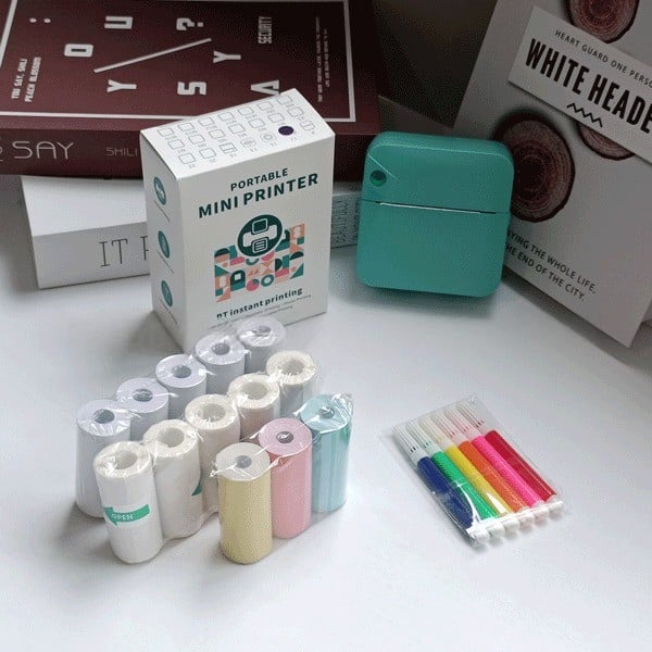 🌈Christmas Hot Sale 49% OFF - Portable Mini Printer , With 5 thermal papers + 5 self-adhesive papers + 3 colored papers + colored pens