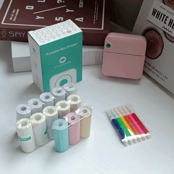 🌈Christmas Hot Sale 49% OFF - Portable Mini Printer , With 5 thermal papers + 5 self-adhesive papers + 3 colored papers + colored pens