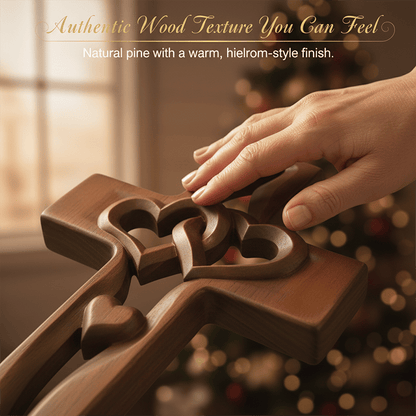 Hand-Carved Intertwined Hearts Wooden Cross