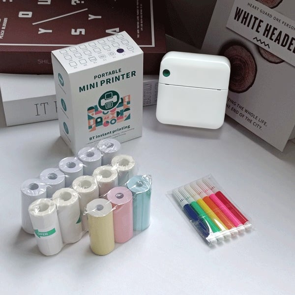 🌈Christmas Hot Sale 49% OFF - Portable Mini Printer , With 5 thermal papers + 5 self-adhesive papers + 3 colored papers + colored pens