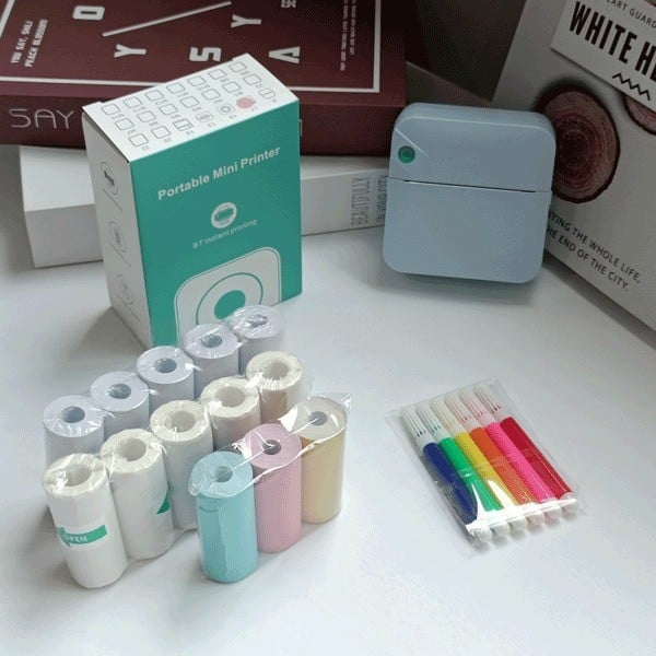 🌈Christmas Hot Sale 49% OFF - Portable Mini Printer , With 5 thermal papers + 5 self-adhesive papers + 3 colored papers + colored pens