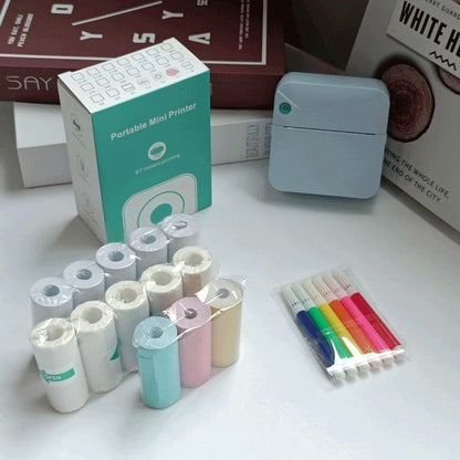🌈Christmas Hot Sale 49% OFF - Portable Mini Printer , With 5 thermal papers + 5 self-adhesive papers + 3 colored papers + colored pens